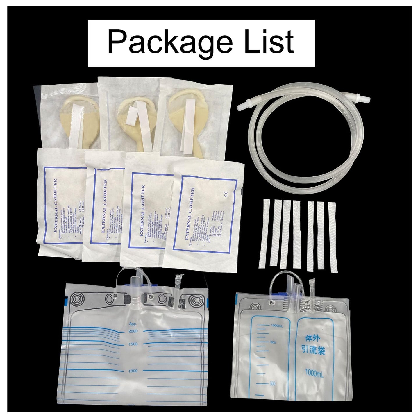 Latex Condom Catheter for Men, 7pcs Self-Sealing External Catheters with 1000ml Leg Bag & 2000ml Urine Bag, Leak-Proof Urinary Drainage System for Male Incontinence 25mm