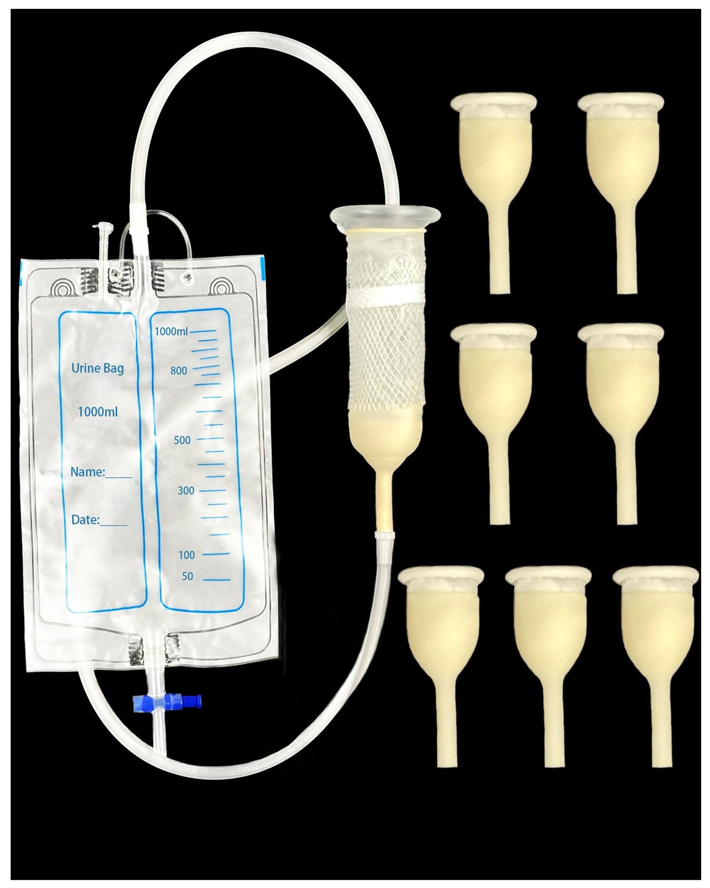 Latex Condom Catheter for Men, 7pcs Self-Sealing External Catheters with 1000ml Leg Bag & 2000ml Urine Bag, Leak-Proof Urinary Drainage System for Male Incontinence 25mm