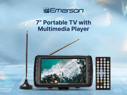 Emerson ET-7000 7" Portable Handheld Digital TV with Built-in Rechargeable Battery, HD Display, Multimedia Playback, USB/SD Card Support, and AC/DC Adapter | Compact TV for Home or Travel